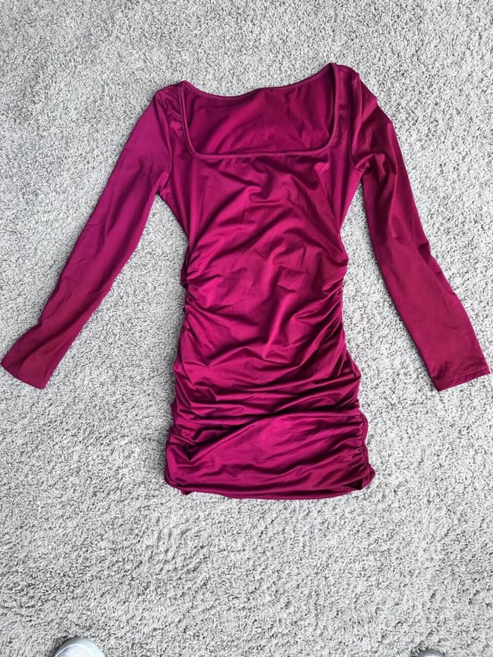 Wine Long Sleeve Square Neck Mini Dress